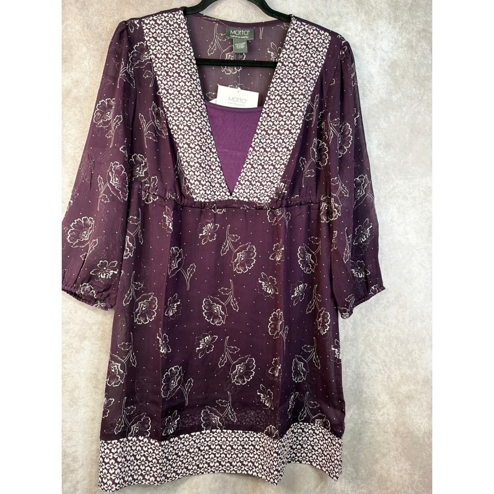 NWT MOTTO Women's Purple Floral Sheer Tunic Top with‎ Camisole Size Medium Boho